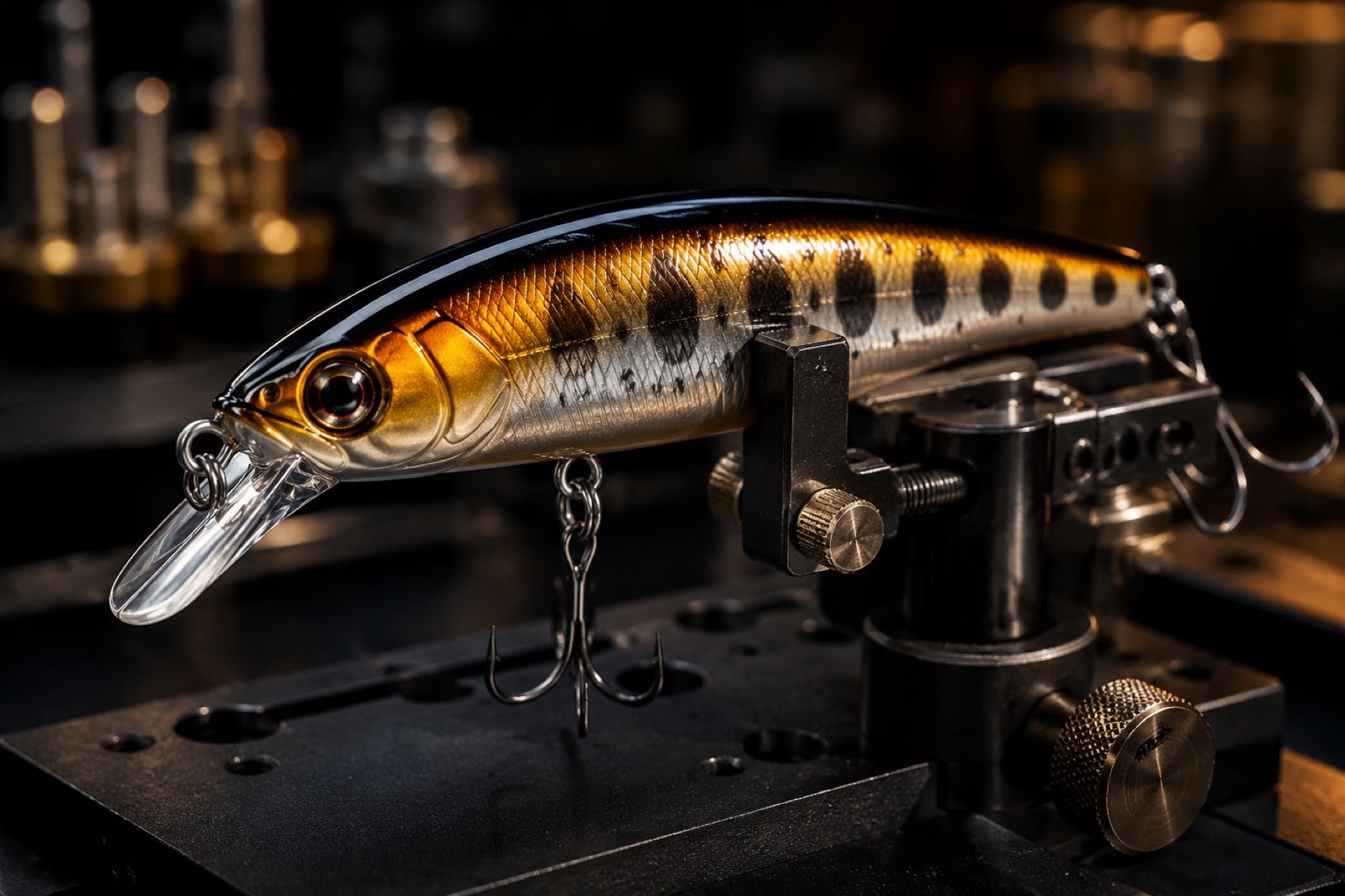 Close-up premium quality inspection fixture for fishing lure finishing