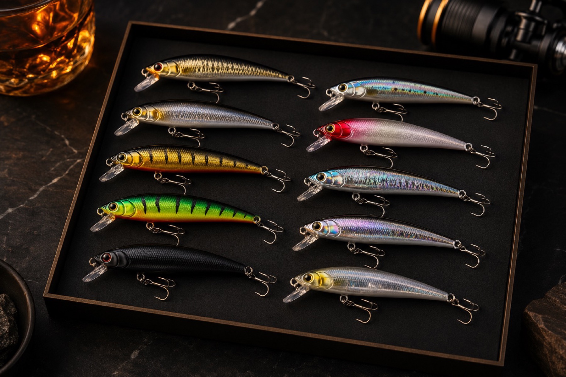Premium fishing lure assortment prepared for buyer evaluation