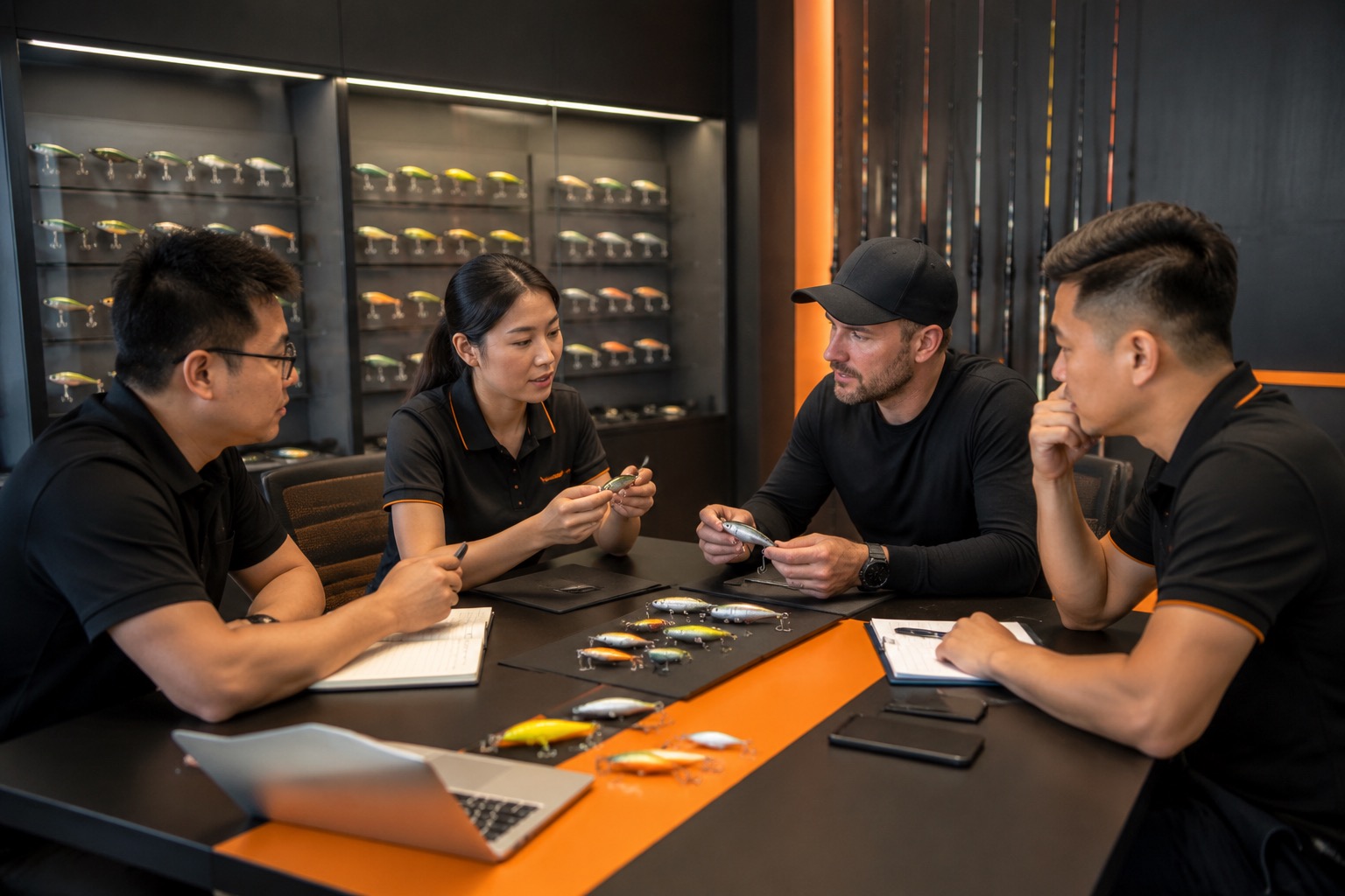 Buyer and product team reviewing lure samples